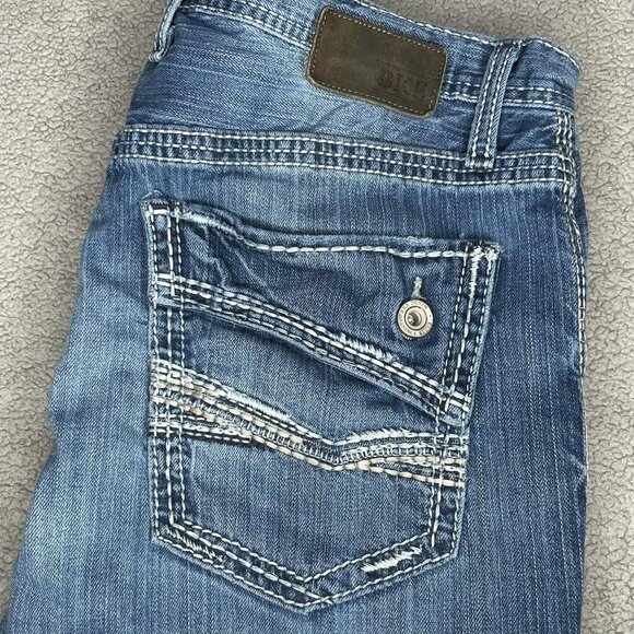 BKE Derek Jeans Mens 36L Blue Bootcut Stretch Contrast Stitch Whiskered Flap Y2K - Picture 1 of 16